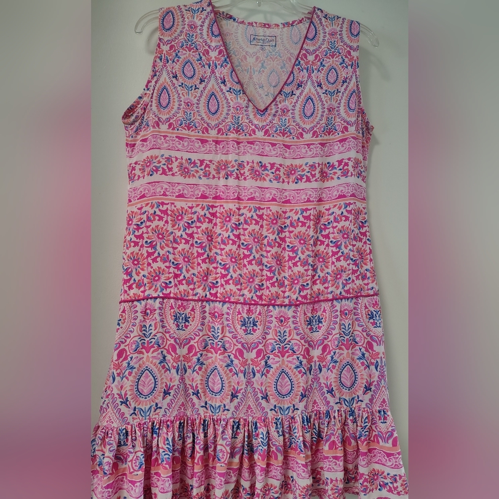 AMELIA QUIN RESORT LUXURY WEAR V-NECK PINK MIXED PRINTED FLORAL DRESS sz Medium